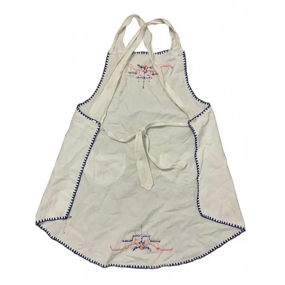 Vintage White Cotton Women's Apron with Blue and Pink Embroidery